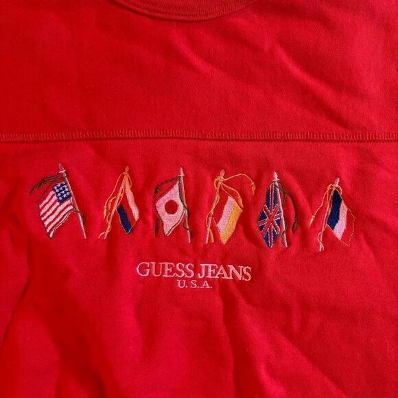 Vintage Guess Jeans Sweatshirt Mens XL Red Pullover Crewneck‎ USA Flags 90s - Picture 2 of 5